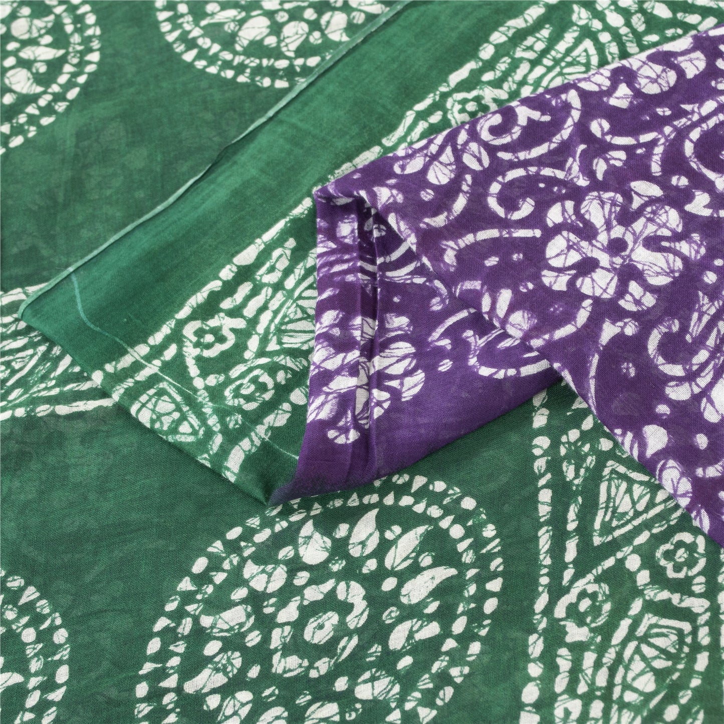 Sanskriti Vintage Sarees Purple & Green Pure Cotton Batik Print Sari 5+yd Fabric