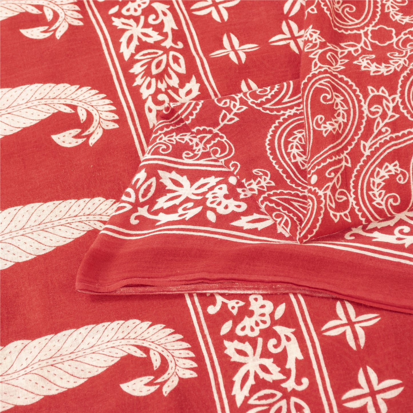 Sanskriti Vintage Sarees Indian Red Pure Cotton Printed Sari 5+yd Craft Fabric