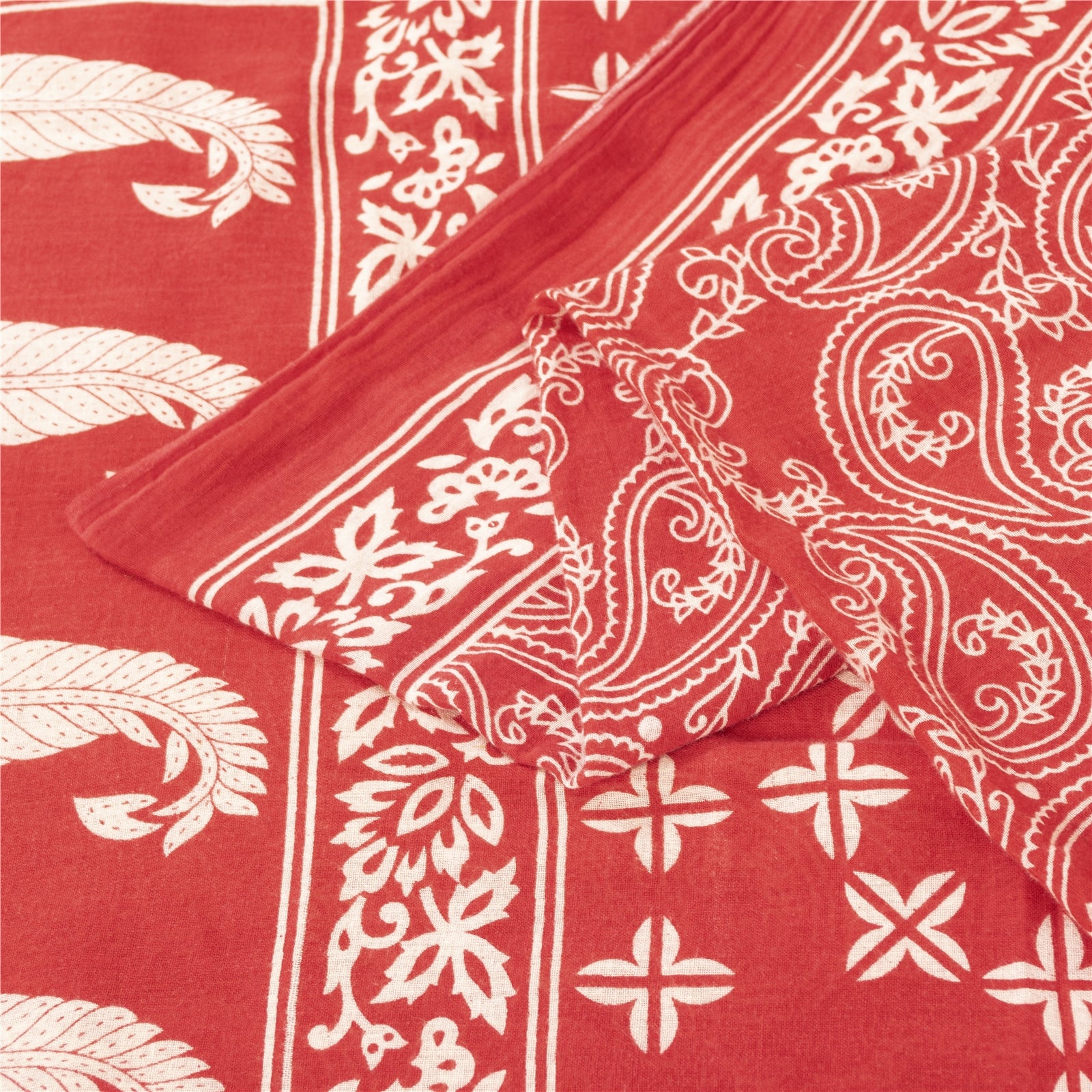 Sanskriti Vintage Saree Indian Red 100% Pure Cotton 5+Yd Saree Floral Printed Sari Craft Fabric For Upcycled Sarongs, Scarves, or Stoles