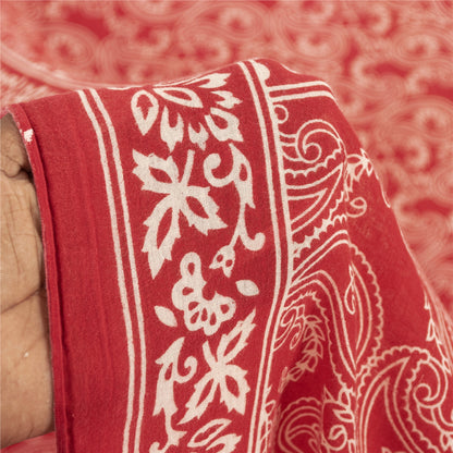 Sanskriti Vintage Sarees Indian Red Pure Cotton Printed Sari 5+yd Craft Fabric