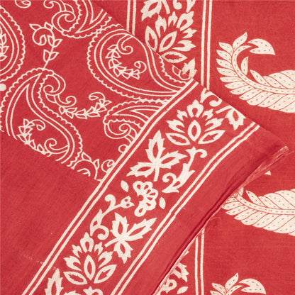 Sanskriti Vintage Sarees Indian Red Pure Cotton Printed Sari 5+yd Craft Fabric