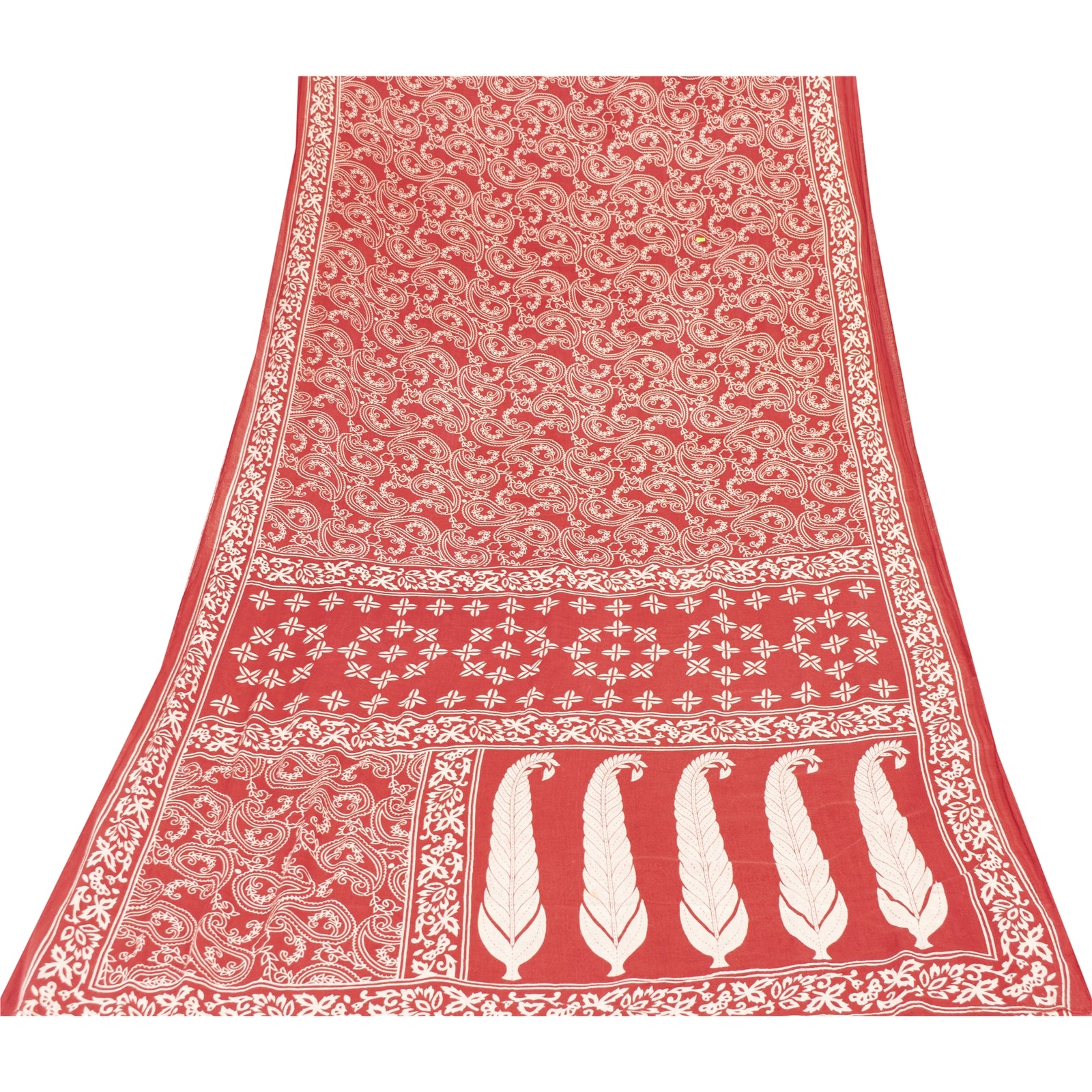 Sanskriti Vintage Saree Indian Red 100% Pure Cotton 5+Yd Saree Floral Printed Sari Craft Fabric For Upcycled Sarongs, Scarves, or Stoles