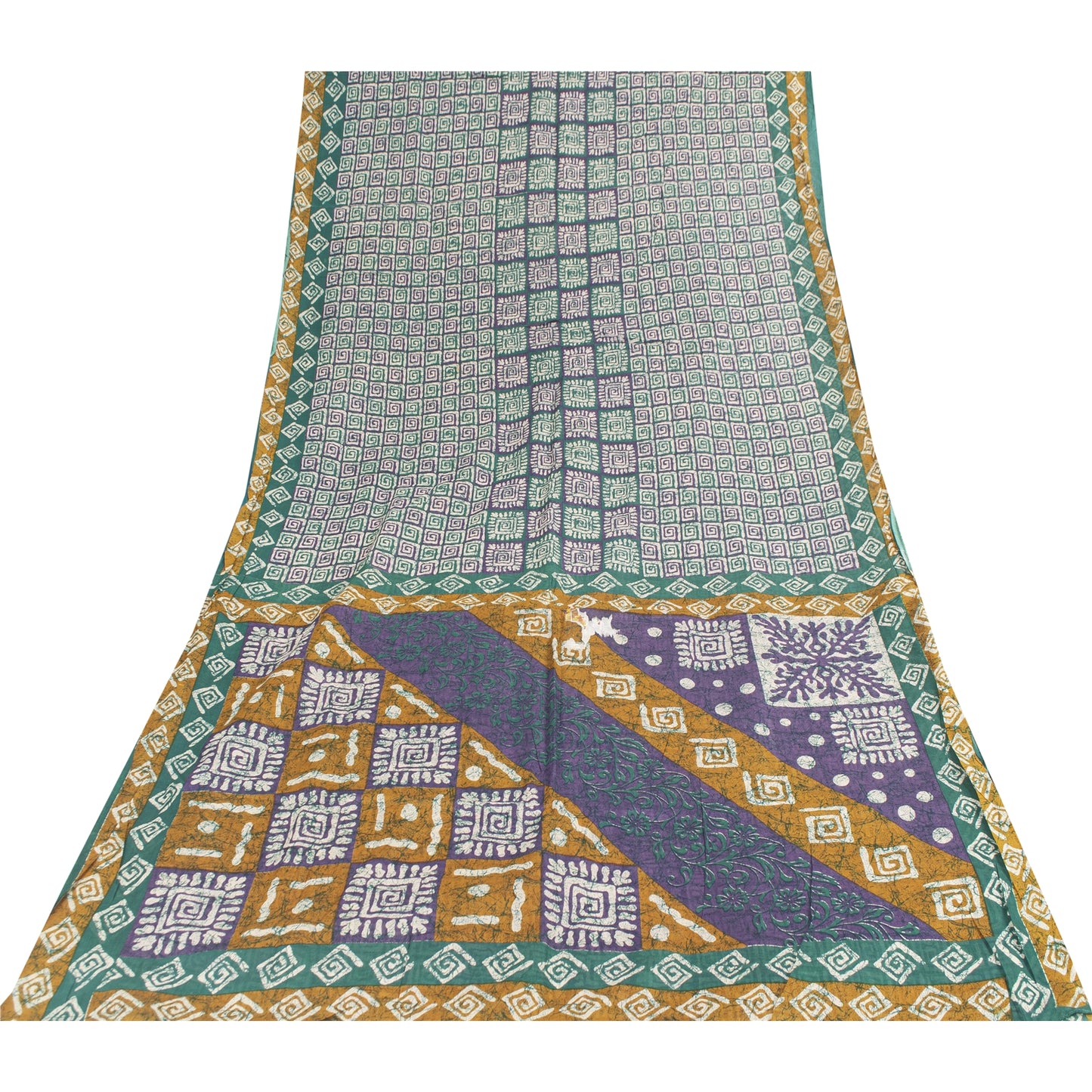 Sanskriti Vintage Sarees Indian Green Pure Cotton Printed Sari 5+yd Craft Fabric