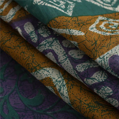 Sanskriti Vintage Sarees Indian Green Pure Cotton Printed Sari 5+yd Craft Fabric