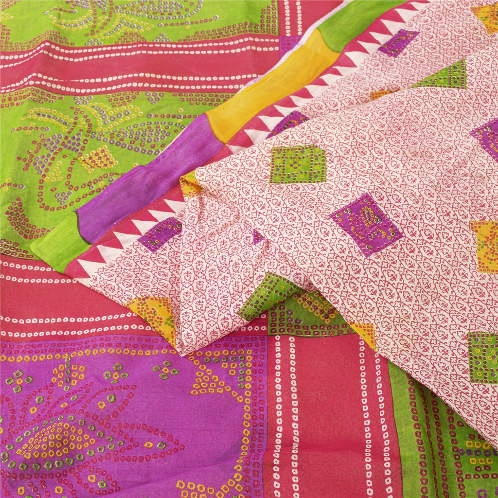 Sanskriti Vintage Sarees Red Bandhani Printed Pure Cotton Sari 5+yd Craft Fabric