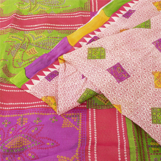 Sanskriti Vintage Sarees Red Bandhani Printed Pure Cotton Sari 5+yd Craft Fabric