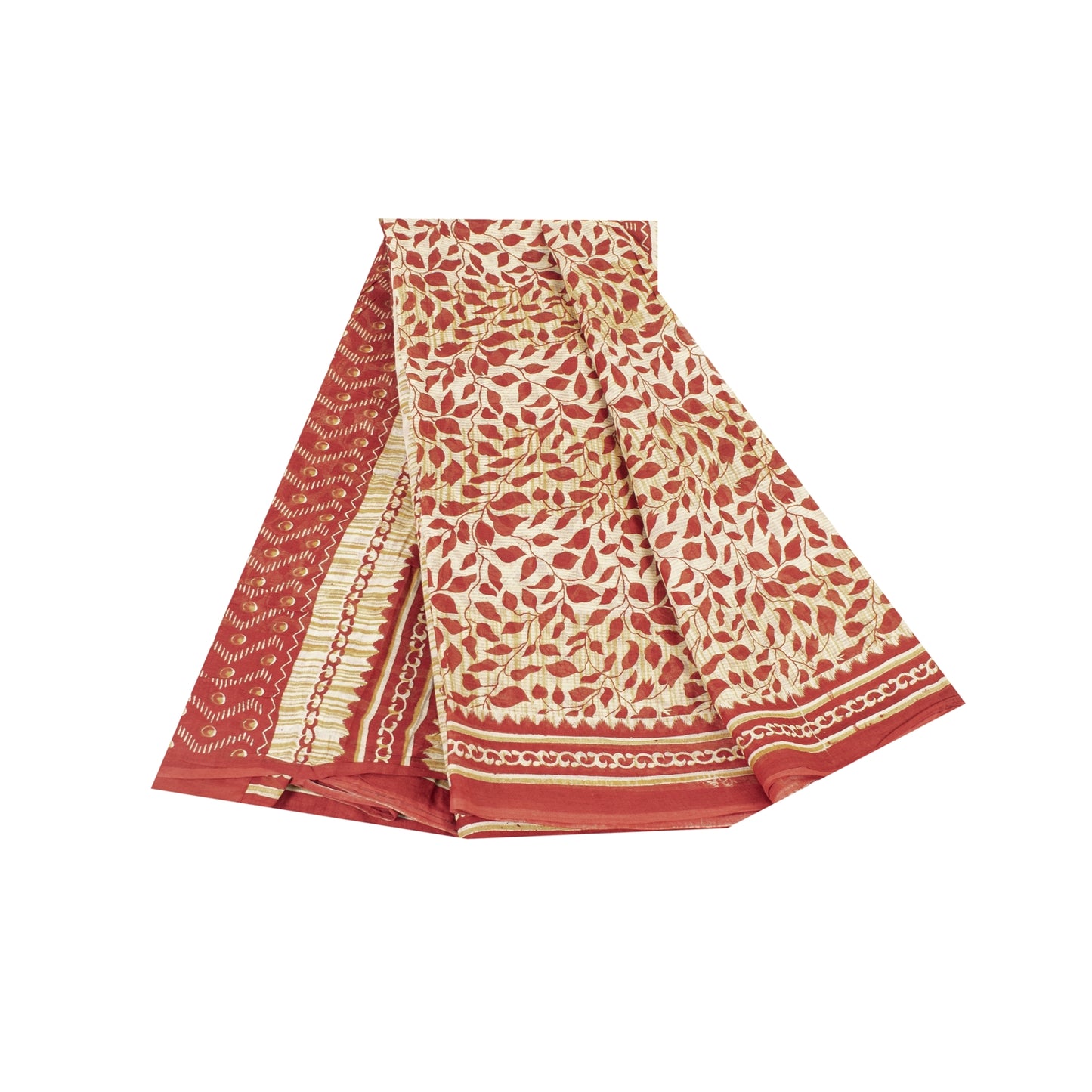 Sanskriti Vintage Sarees Cream & Red Pure Cotton Printed Sari 5+yd Craft Fabric