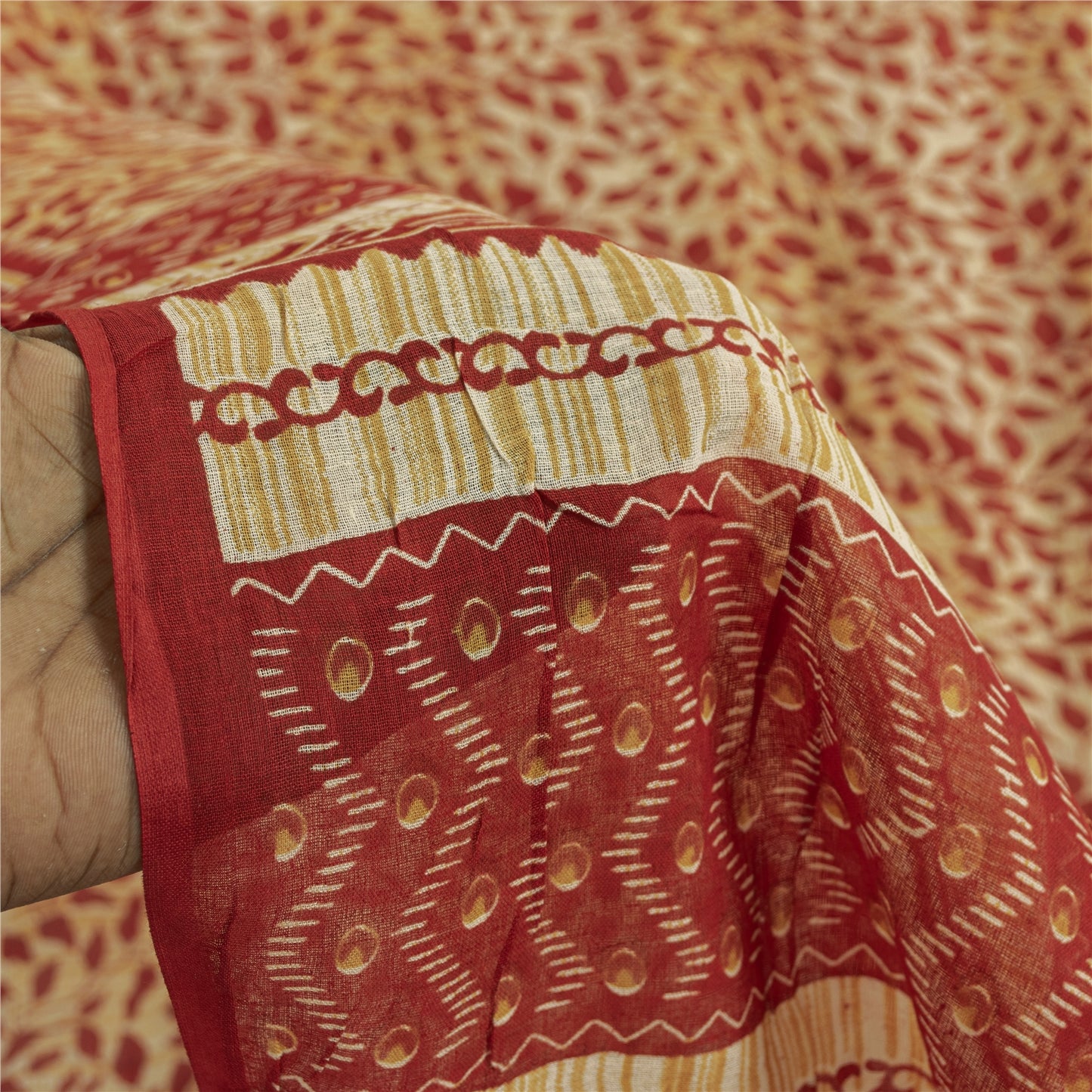 Sanskriti Vintage Sarees Cream & Red Pure Cotton Printed Sari 5+yd Craft Fabric