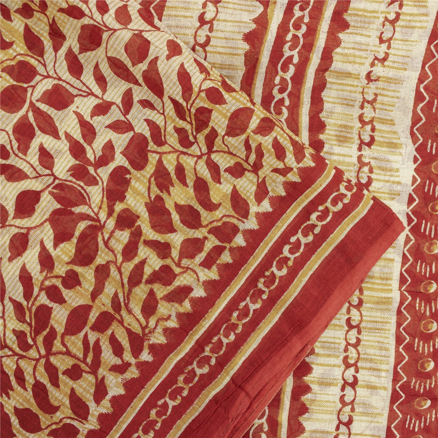 Sanskriti Vintage Sarees Cream & Red Pure Cotton Printed Sari 5+yd Craft Fabric