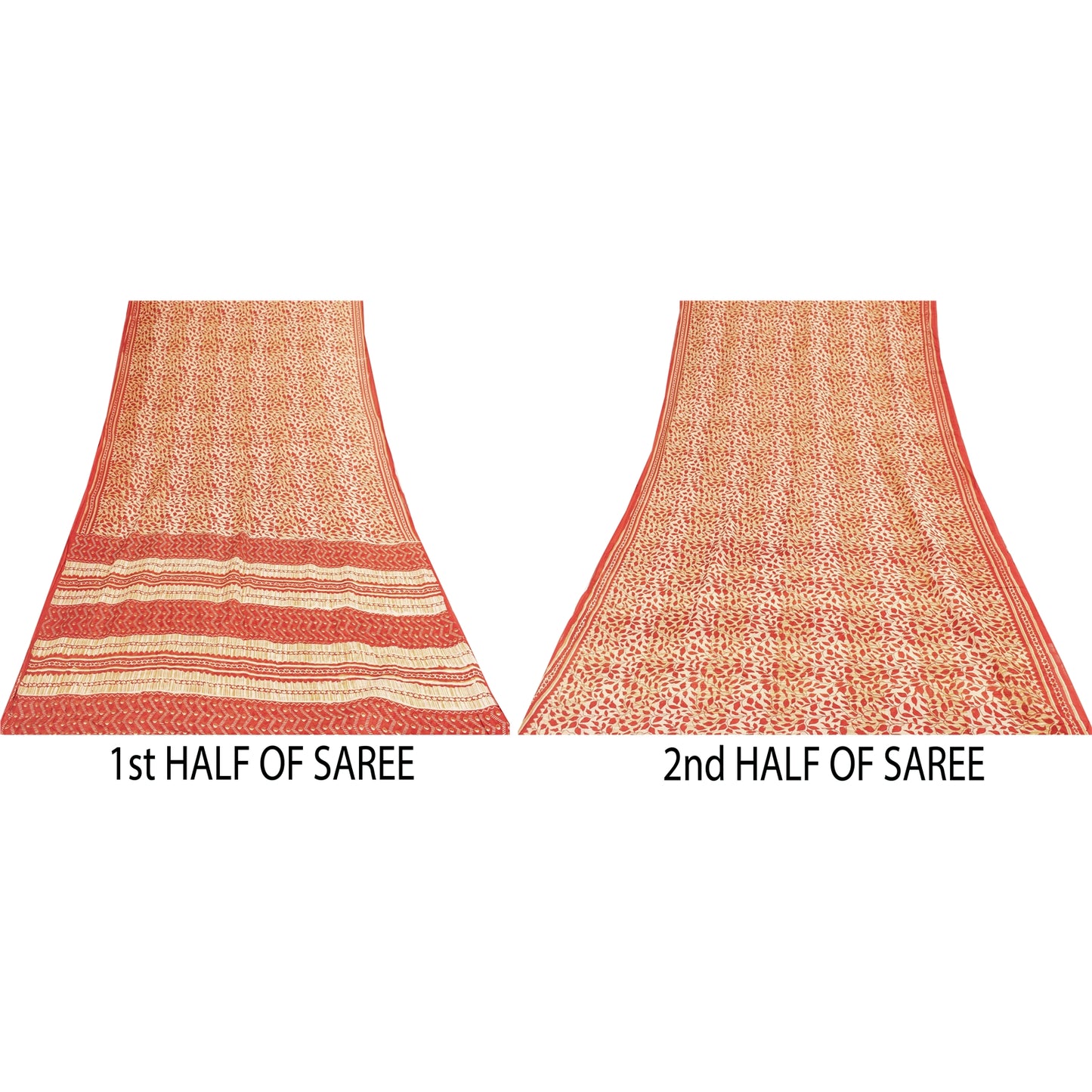 Sanskriti Vintage Sarees Cream & Red Pure Cotton Printed Sari 5+yd Craft Fabric