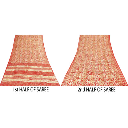 Sanskriti Vintage Sarees Cream & Red Pure Cotton Printed Sari 5+yd Craft Fabric