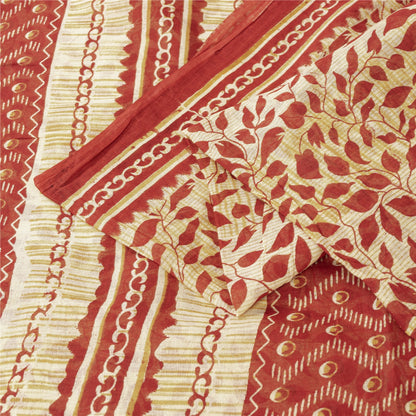 Sanskriti Vintage Sarees Cream & Red Pure Cotton Printed Sari 5+yd Craft Fabric