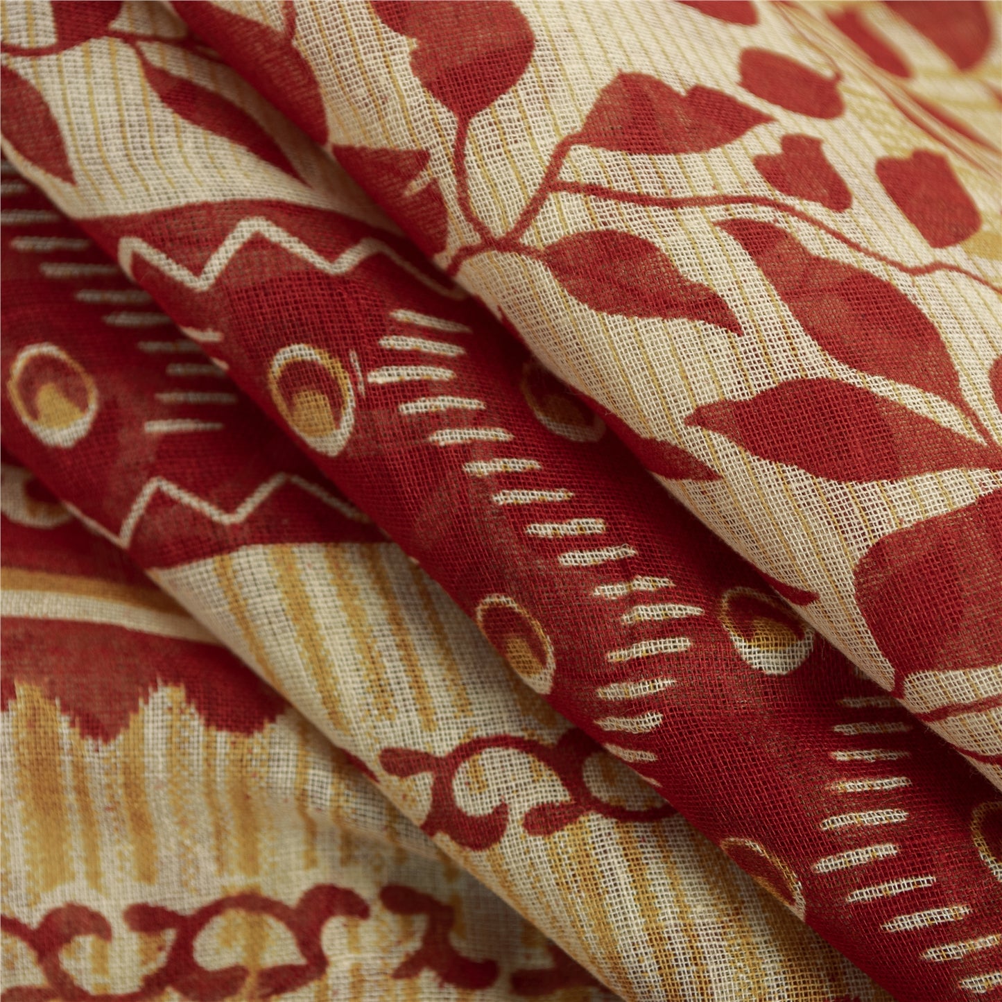 Sanskriti Vintage Sarees Cream & Red Pure Cotton Printed Sari 5+yd Craft Fabric