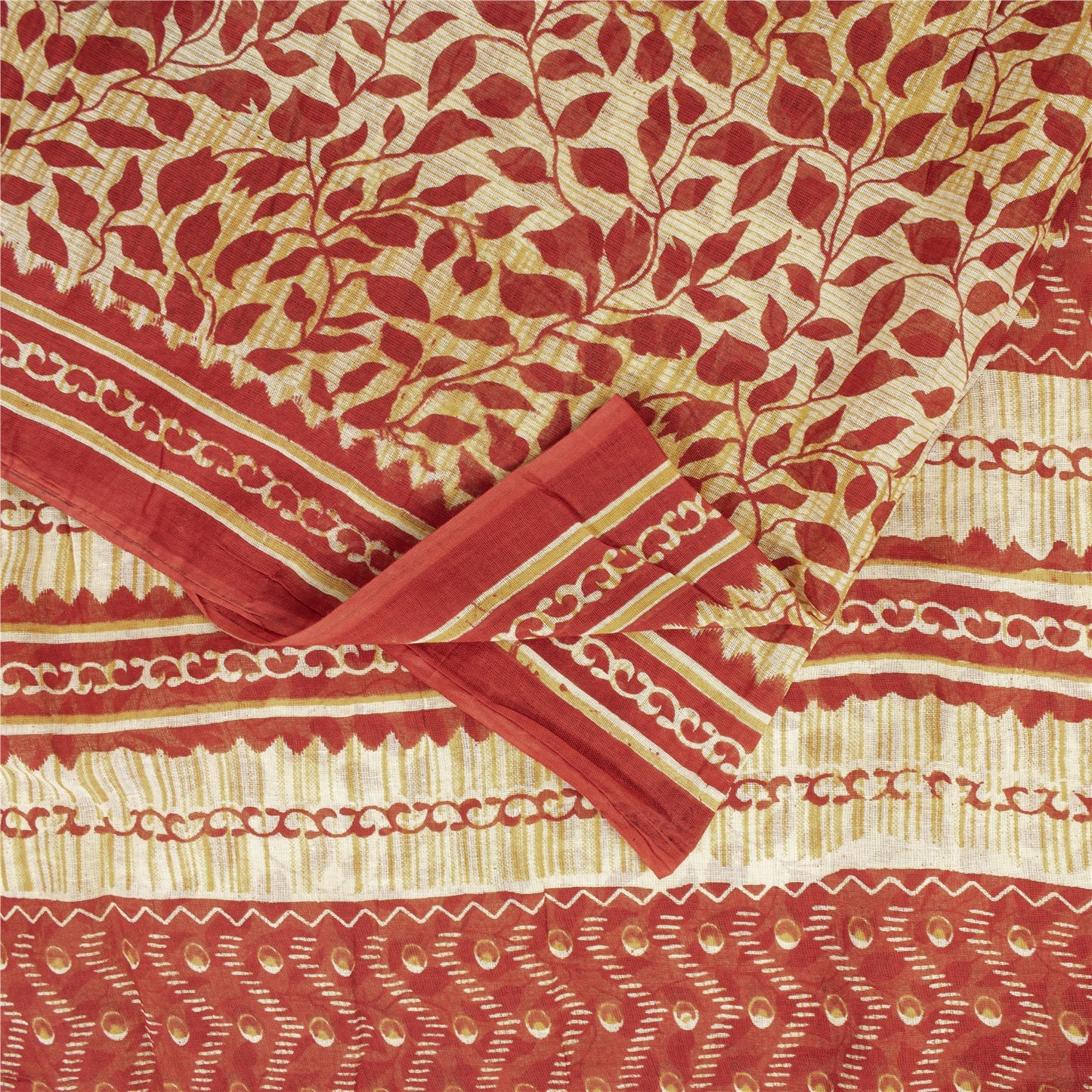 Sanskriti Vintage Sarees Cream & Red Pure Cotton Printed Sari 5+yd Craft Fabric
