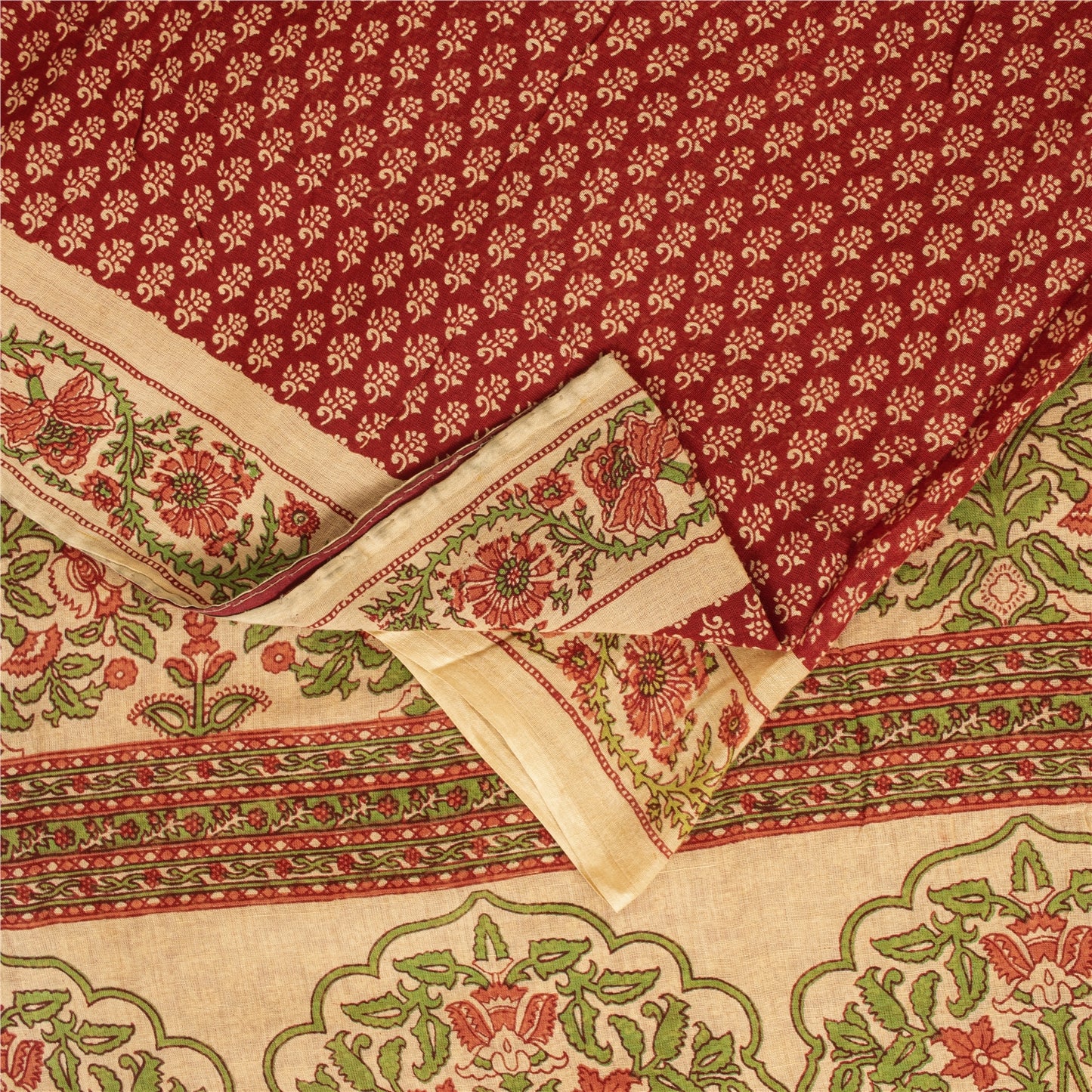 Sanskriti Vintage Sarees Indian Red Pure Cotton Printed Sari 5+yd Craft Fabric