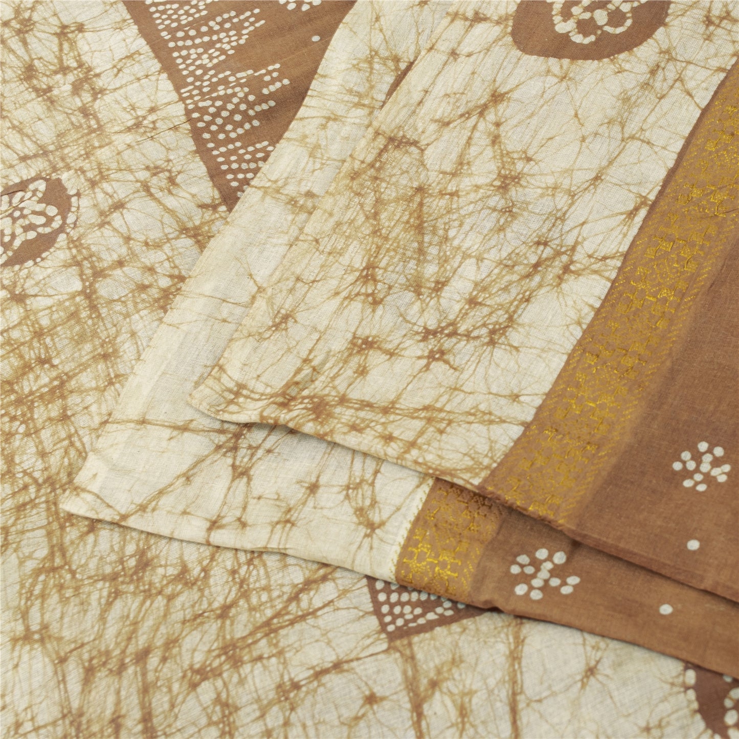 Sanskriti Vintage Sarees Brown Batik Batik Pure Cotton Sari 5+yd Craft Fabric