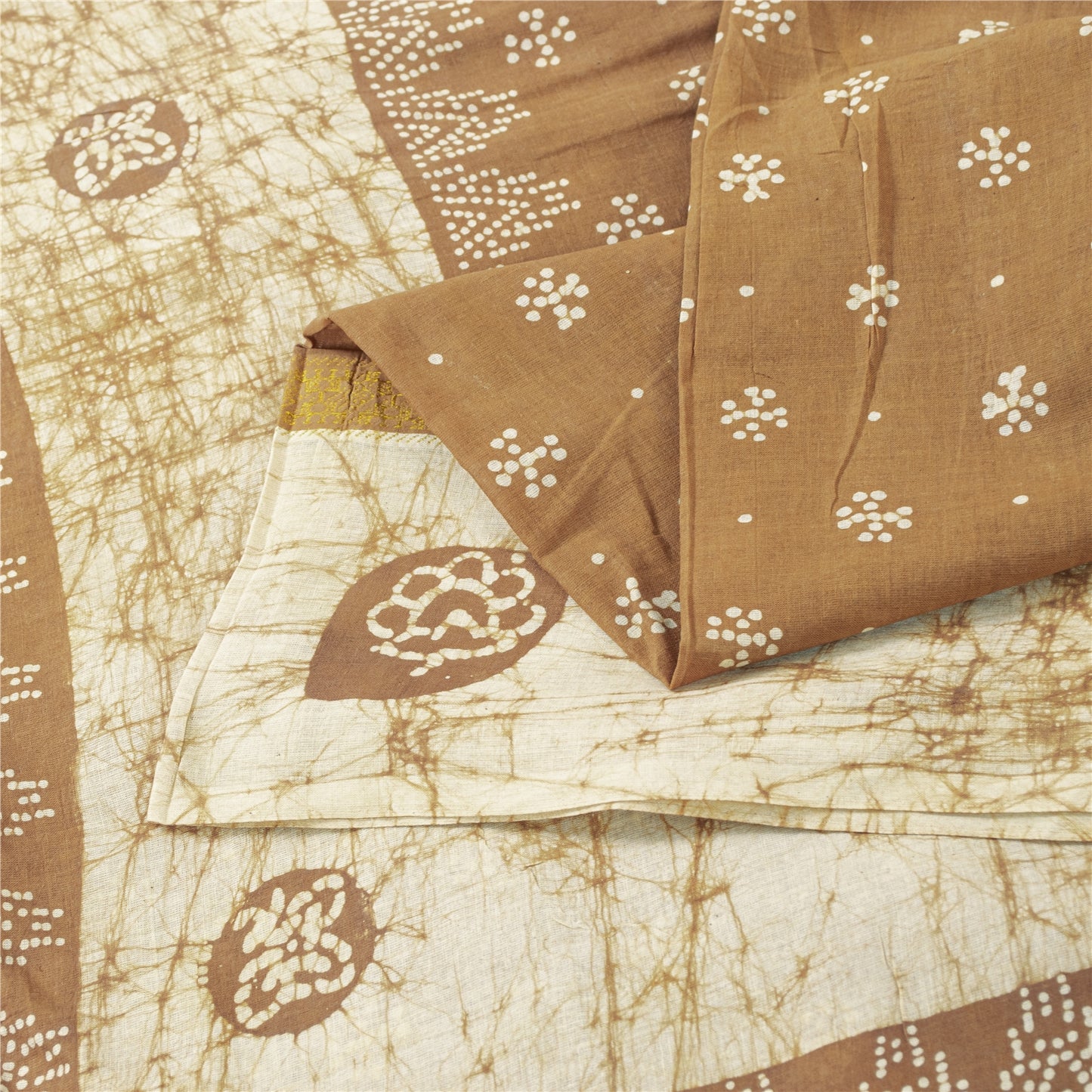Sanskriti Vintage Sarees Brown Batik Batik Pure Cotton Sari 5+yd Craft Fabric
