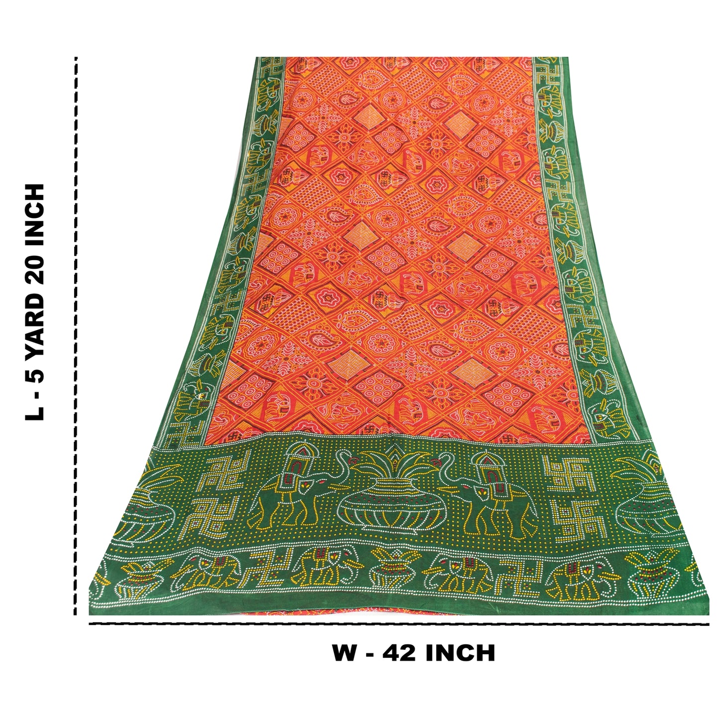 Sanskriti Vintage Sarees Orange PureCotton Bandhani AnimalPrint Sari 5+yd Fabric