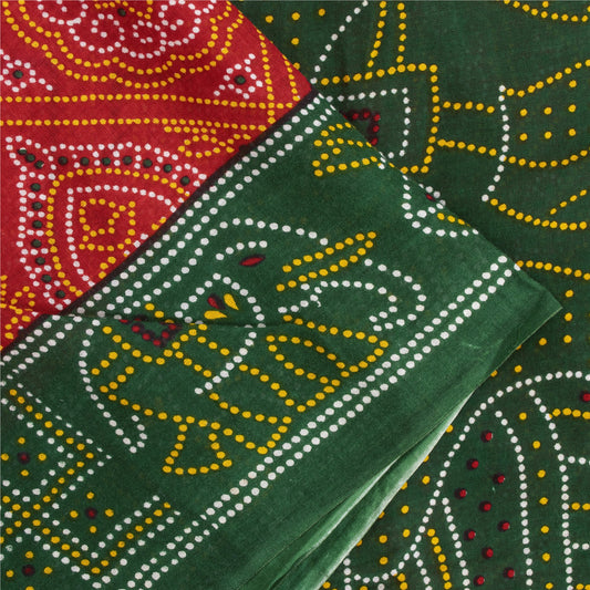 Sanskriti Vintage Sarees Orange PureCotton Bandhani AnimalPrint Sari 5+yd Fabric