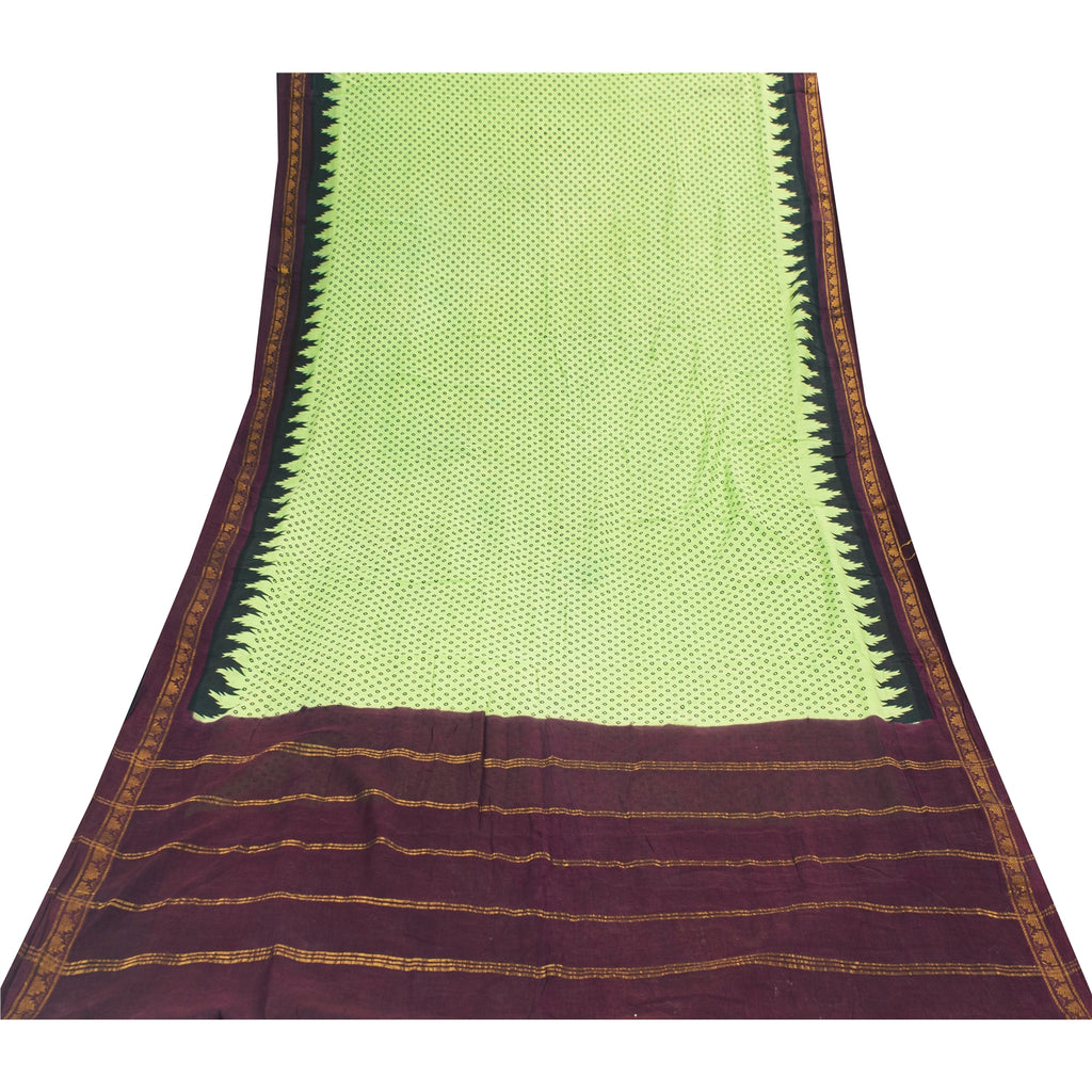 Sanskriti Vintage Sarees Green & RedPure Cotton Printed & Zari Woven 5+yd Fabric