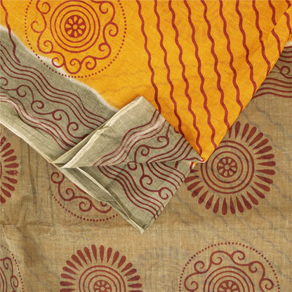 Sanskriti Vintage Sarees Indian Yellow Pure Cotton Print Sari 5+yd Craft Fabric