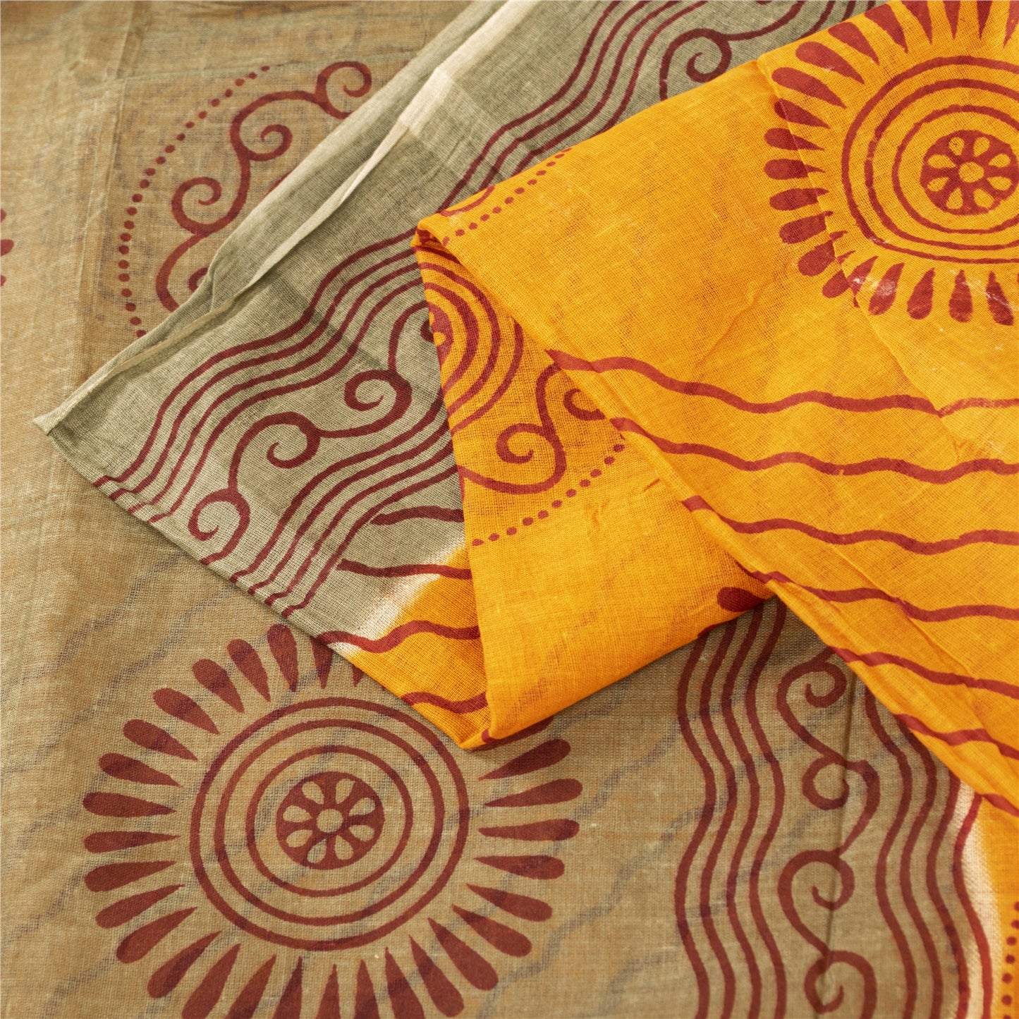 Sanskriti Vintage Sarees Indian Yellow Pure Cotton Print Sari 5+yd Craft Fabric
