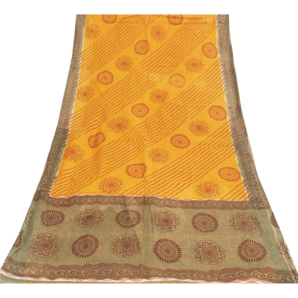 Sanskriti Vintage Sarees Indian Yellow Pure Cotton Print Sari 5+yd Craft Fabric