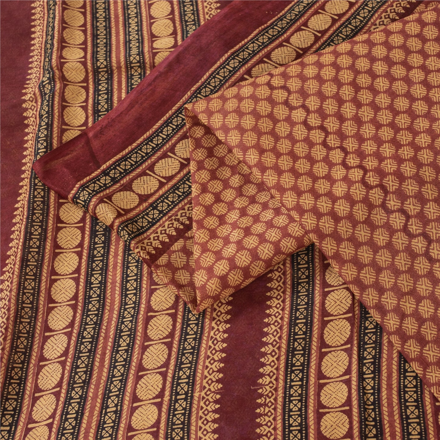 Sanskriti Vintage Sarees Brown Pure Cotton Geometric Printed Sari 5+yd Fabric