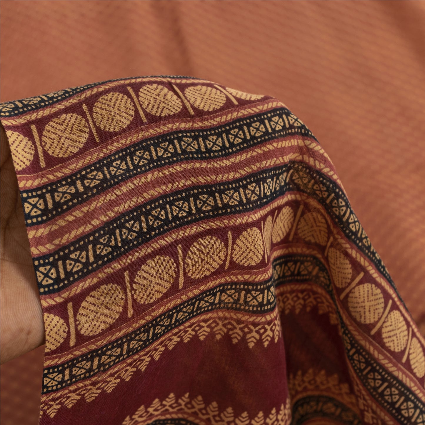 Sanskriti Vintage Sarees Brown Pure Cotton Geometric Printed Sari 5+yd Fabric