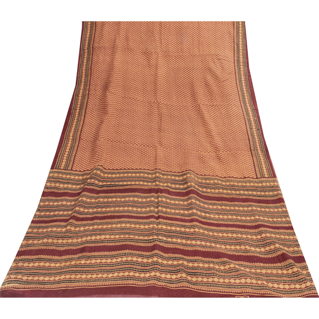 Sanskriti Vintage Sarees Brown Pure Cotton Geometric Printed Sari 5+yd Fabric