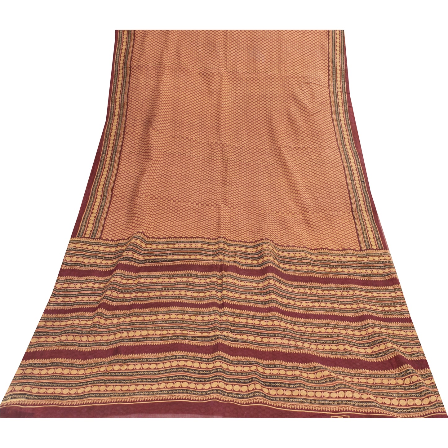 Sanskriti Vintage Sarees Brown Pure Cotton Geometric Printed Sari 5+yd Fabric