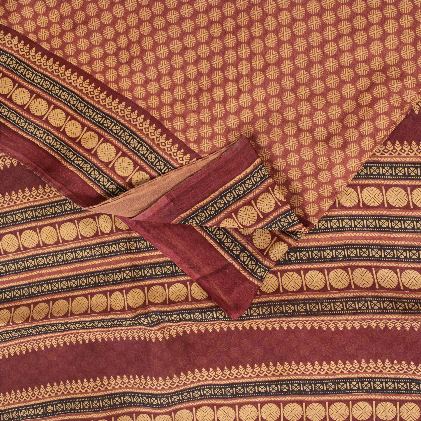 Sanskriti Vintage Sarees Brown Pure Cotton Geometric Printed Sari 5+yd Fabric
