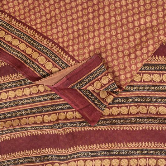 Sanskriti Vintage Sarees Brown Pure Cotton Geometric Printed Sari 5+yd Fabric