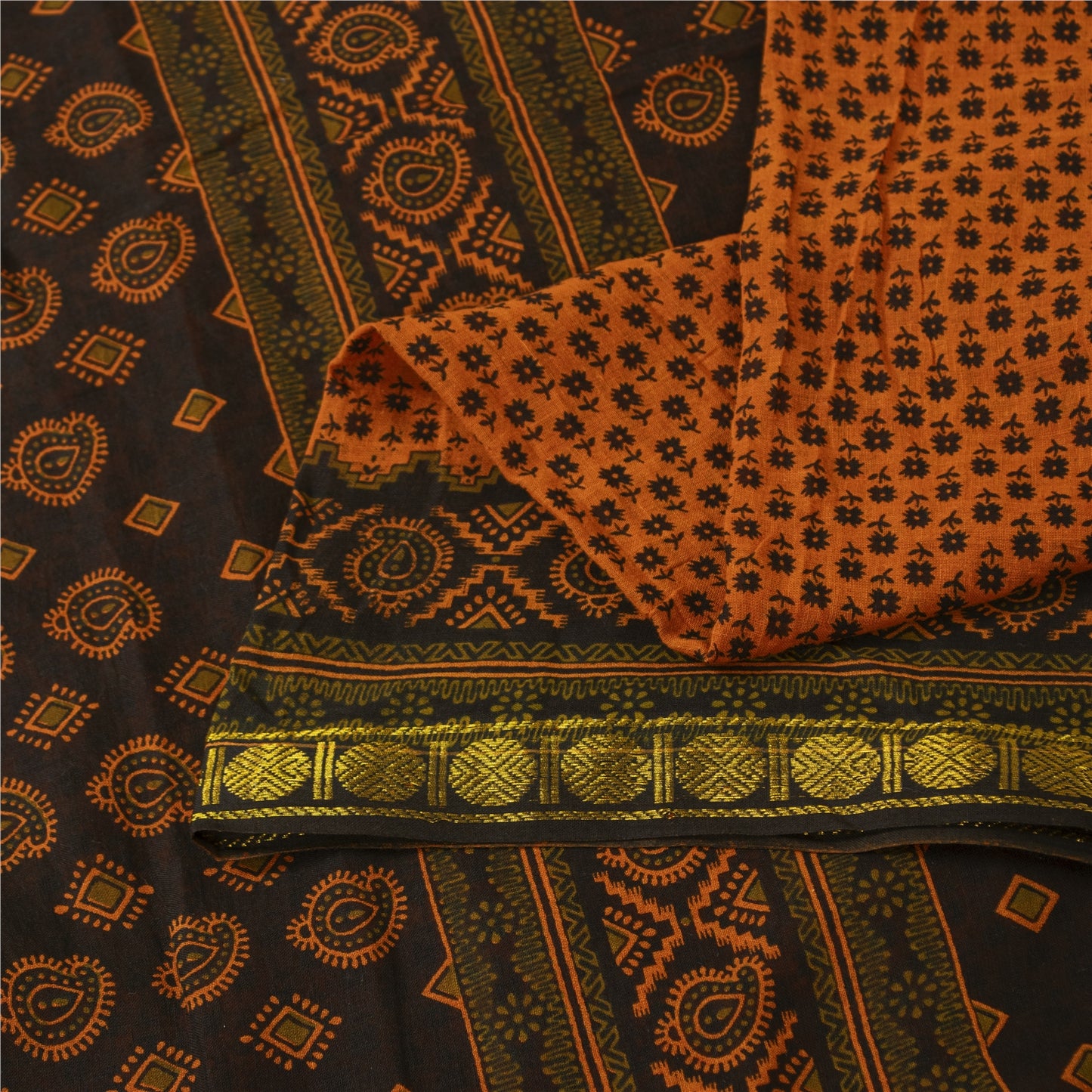 Sanskriti Vintage Sarees Indian Brown Pure Cotton Printed Sari 5+yd Craft Fabric