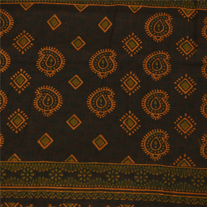 Sanskriti Vintage Sarees Indian Brown Pure Cotton Printed Sari 5+yd Craft Fabric