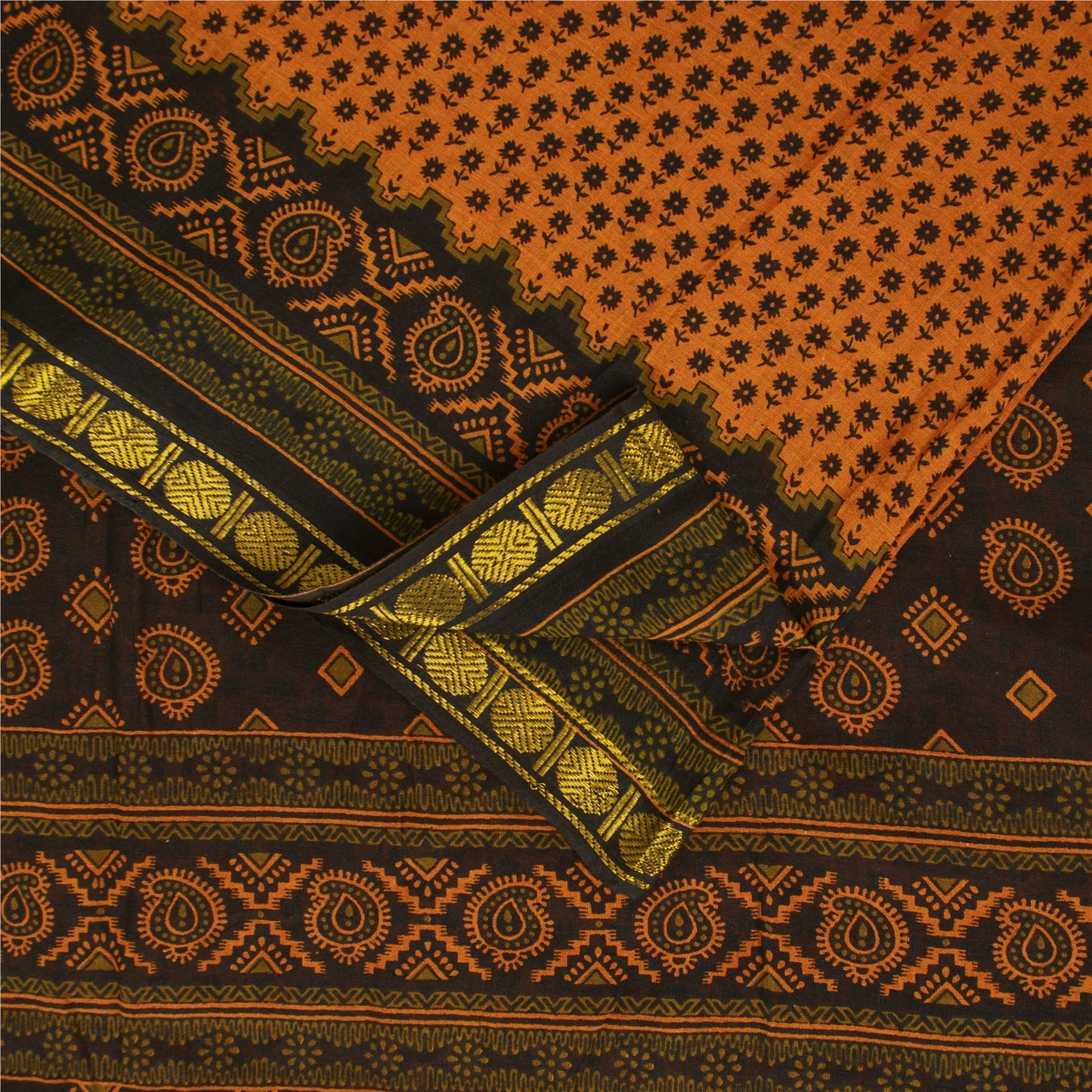 Sanskriti Vintage Sarees Indian Brown Pure Cotton Printed Sari 5+yd Craft Fabric