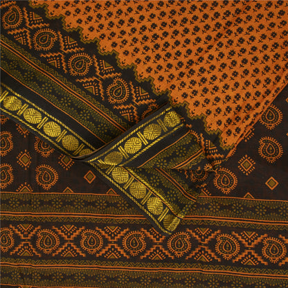 Sanskriti Vintage Sarees Indian Brown Pure Cotton Printed Sari 5+yd Craft Fabric