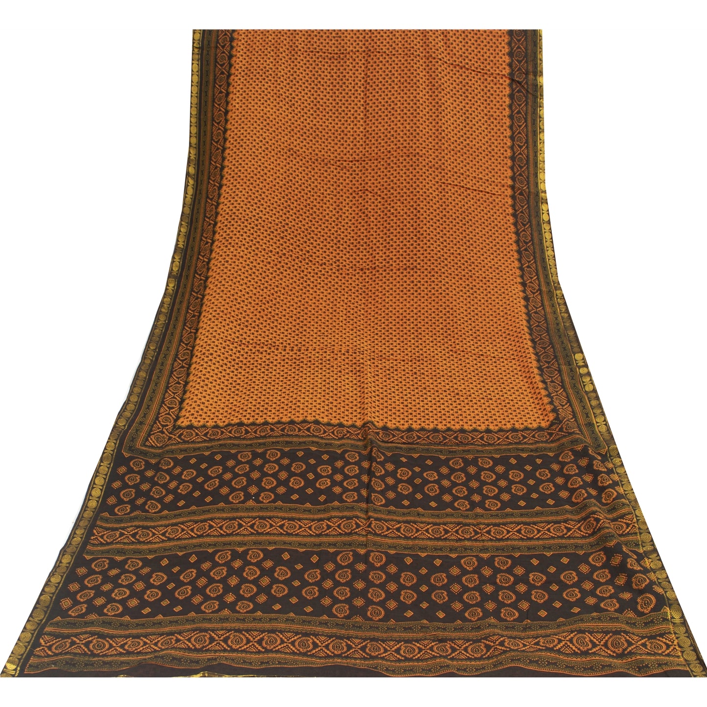 Sanskriti Vintage Sarees Indian Brown Pure Cotton Printed Sari 5+yd Craft Fabric