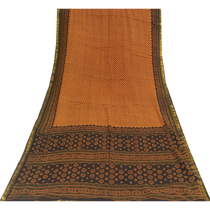 Sanskriti Vintage Sarees Indian Brown Pure Cotton Printed Sari 5+yd Craft Fabric