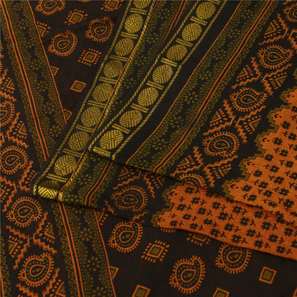 Sanskriti Vintage Sarees Indian Brown Pure Cotton Printed Sari 5+yd Craft Fabric