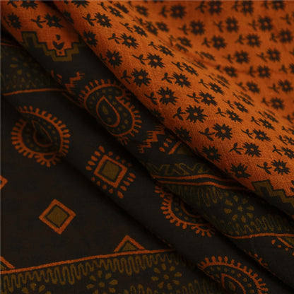 Sanskriti Vintage Sarees Indian Brown Pure Cotton Printed Sari 5+yd Craft Fabric