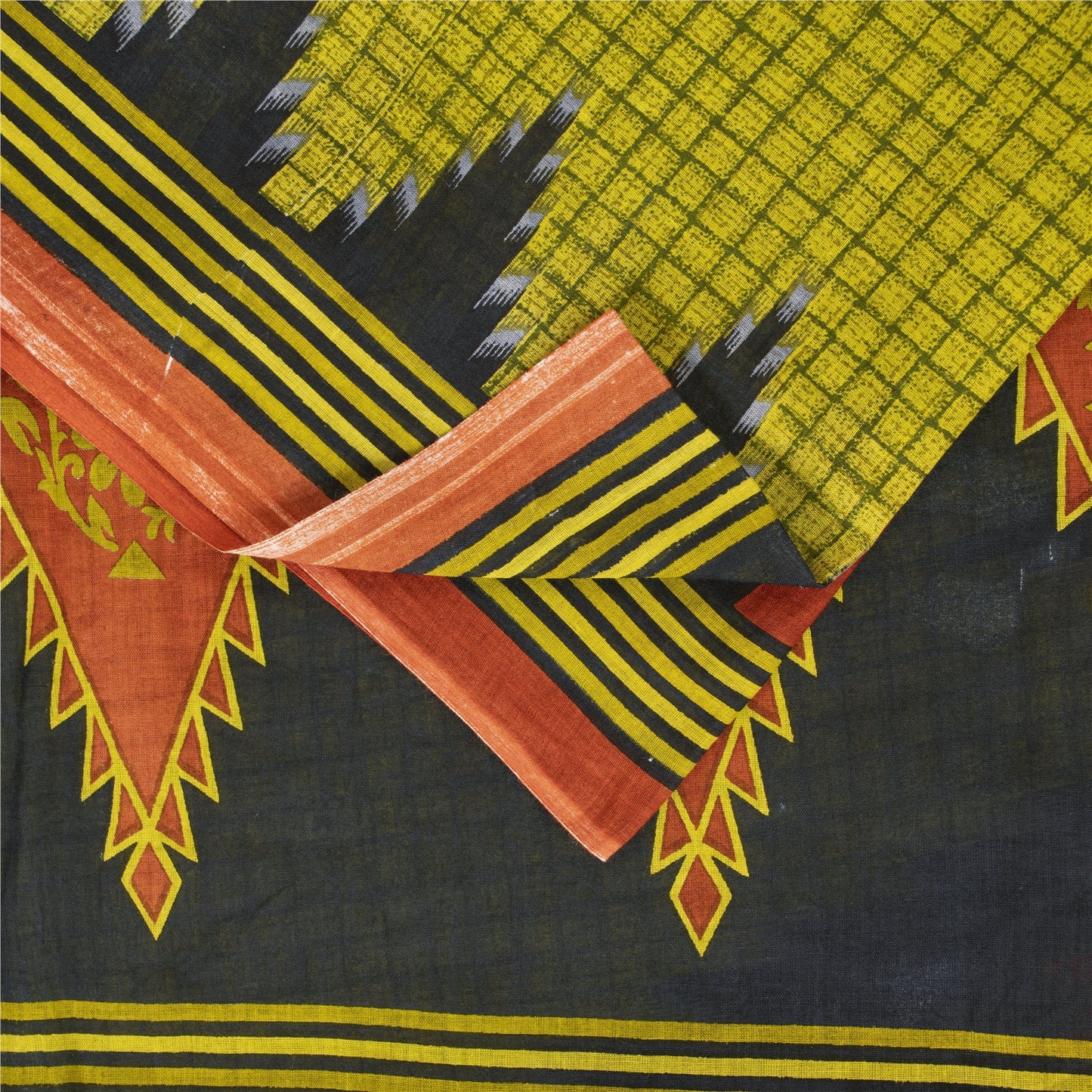 Sanskriti Vintage Sarees Green Pure Cotton Geometric Printed Sari 5+yd Fabric