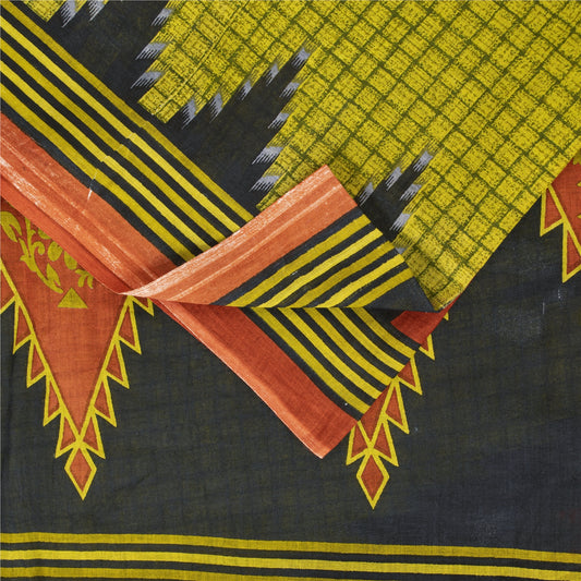 Sanskriti Vintage Sarees Green Pure Cotton Geometric Printed Sari 5+yd Fabric