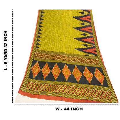 Sanskriti Vintage Sarees Green Pure Cotton Geometric Printed Sari 5+yd Fabric