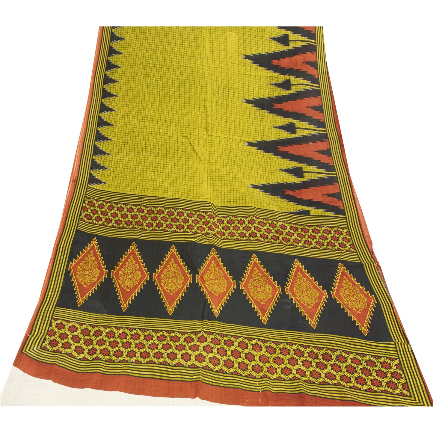 Sanskriti Vintage Sarees Green Pure Cotton Geometric Printed Sari 5+yd Fabric