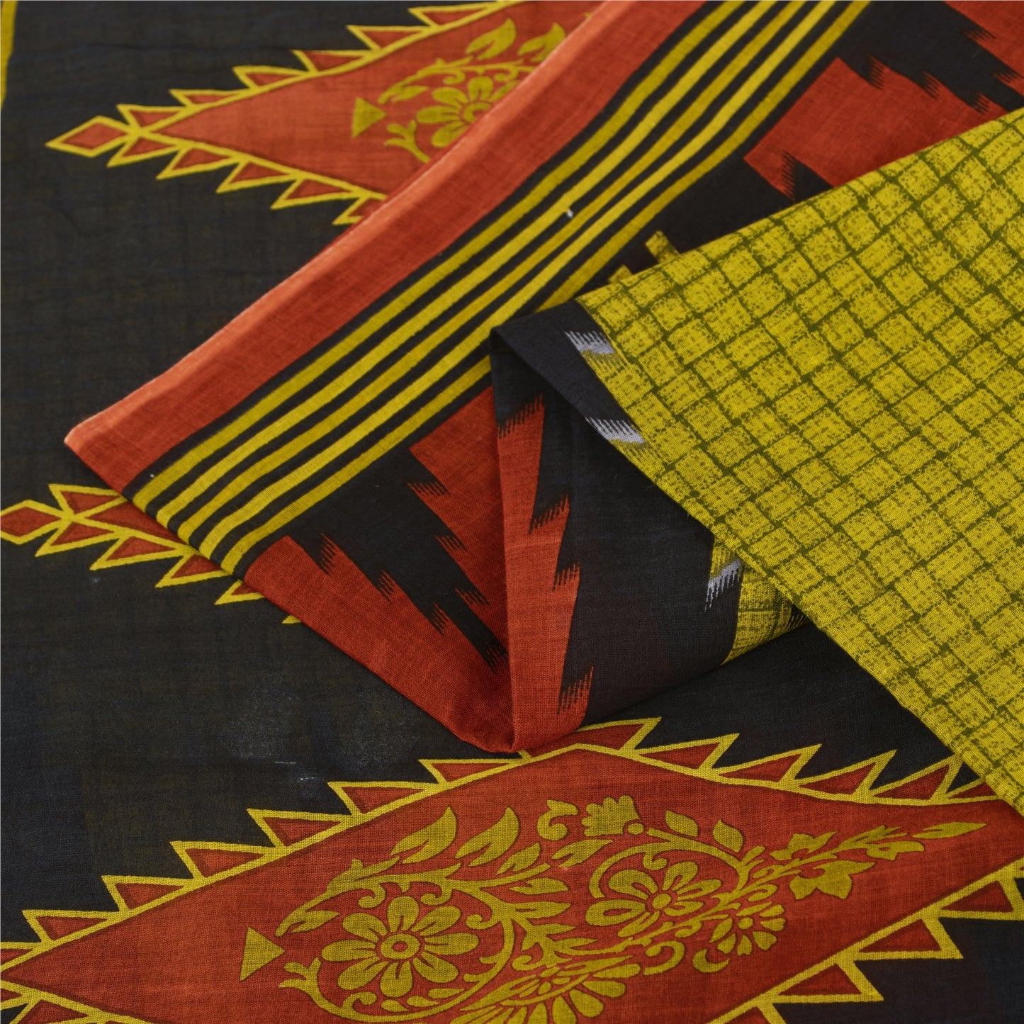 Sanskriti Vintage Sarees Green Pure Cotton Geometric Printed Sari 5+yd Fabric