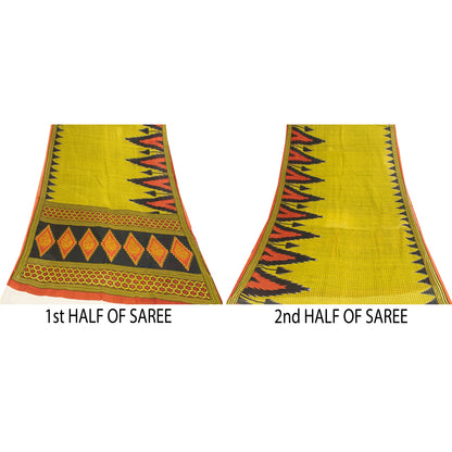 Sanskriti Vintage Sarees Green Pure Cotton Geometric Printed Sari 5+yd Fabric