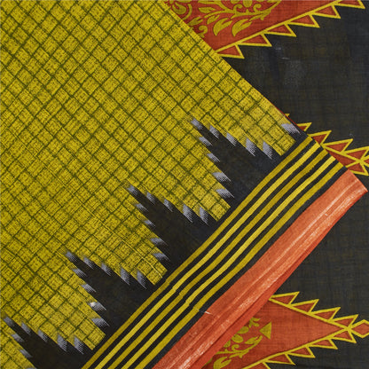 Sanskriti Vintage Sarees Green Pure Cotton Geometric Printed Sari 5+yd Fabric