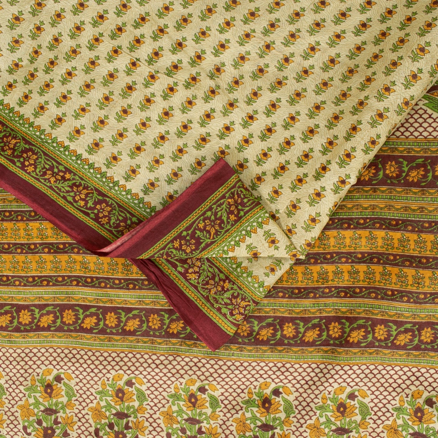 Sanskriti Vintage Sarees Cream Pure Cotton Floral Printed 5+yd Sari Craft Fabric