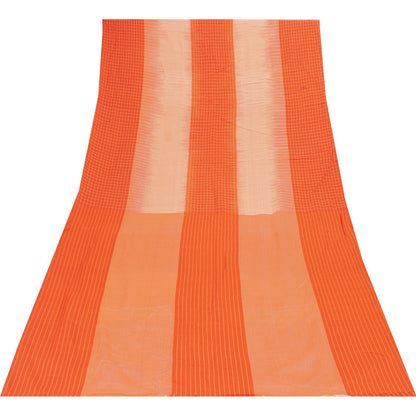 Sanskriti Vintage Sarees Orange & Peach Pure Cotton Check Lines Woven 6+yd Sari